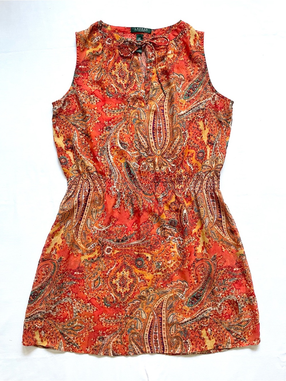 Ralph Lauren Orange Paisley Print Mini Dress. Chiffon. Size 10P